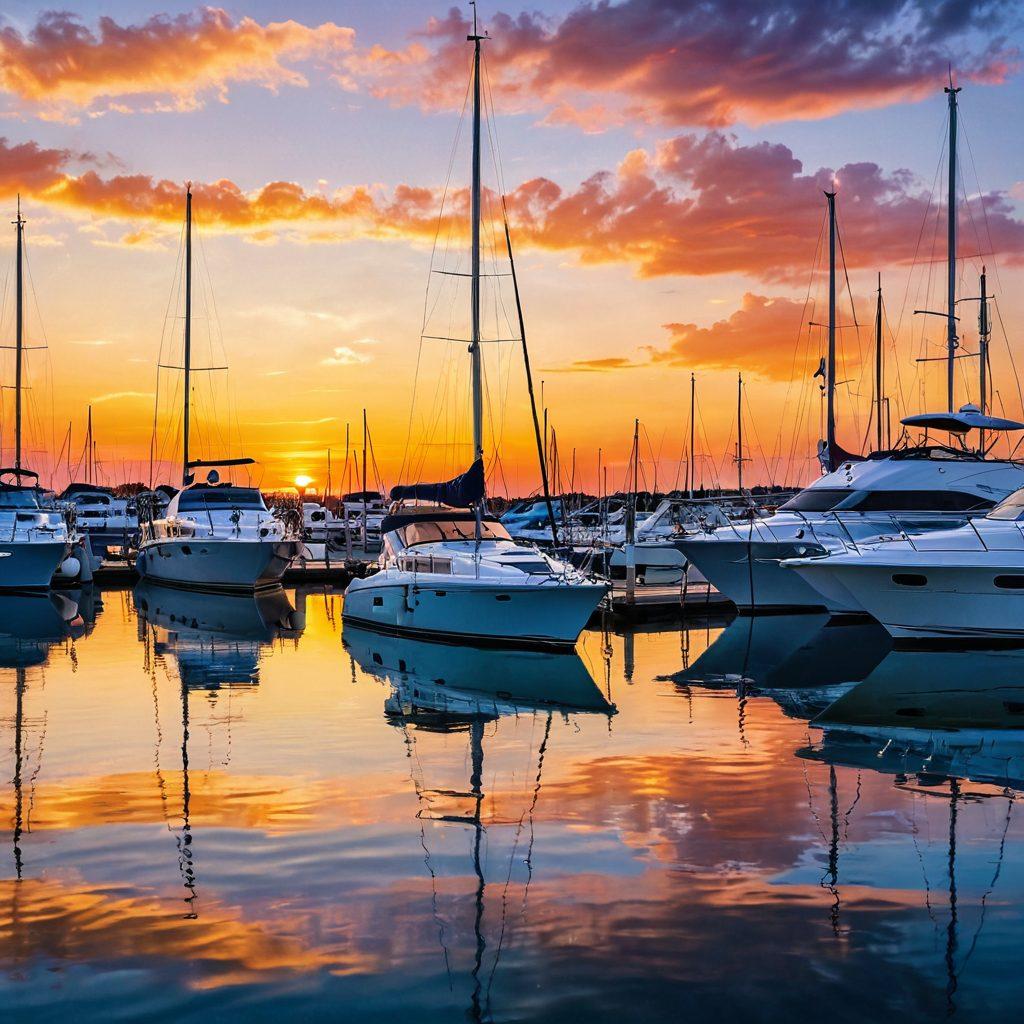 A serene marina scene with luxurious yachts bobbing gently on the water, reflecting a vivid sunset. Include a close-up of a detailed insurance policy document with nautical elements like anchors and ropes intertwined, symbolizing protection. In the background, a family happily enjoying their time on a boat, showcasing the joy of boating while illustrating the importance of insurance. super-realistic. vibrant colors. peaceful atmosphere.