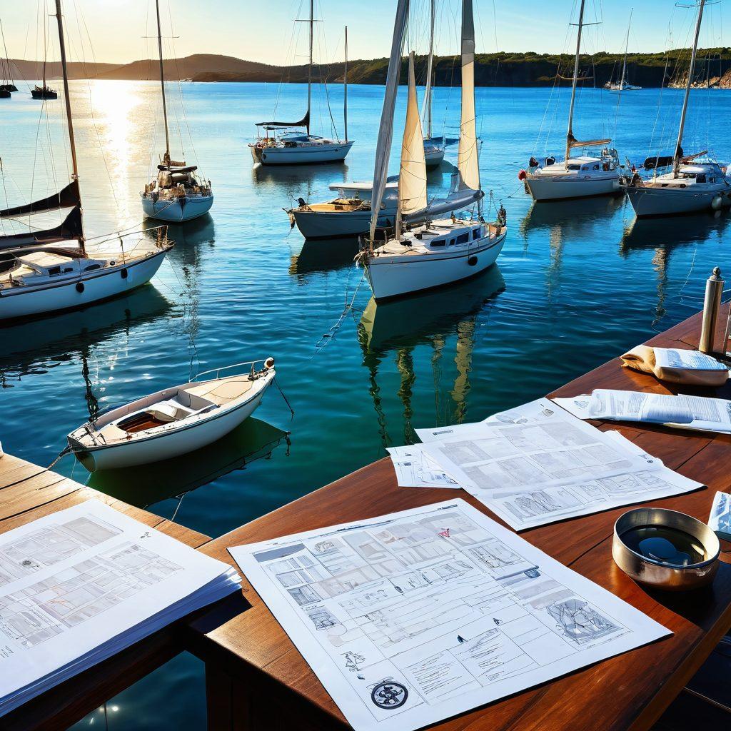 A serene marina with various yachts of different sizes, some with sails up, others docked peacefully. A navigator's chart spread out on a wooden table, featuring maritime symbols and insurance documents, with a calm blue ocean in the background. Soft sunlight glistening on the water, enhancing the tranquil atmosphere. Artistic style includes vibrant colors and a blend of realism and illustration for a dynamic visual experience.