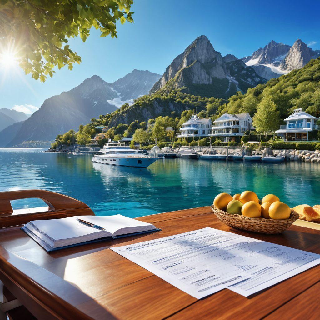 A serene harbor scene with a luxurious yacht anchored, surrounded by crystal clear waters under a bright blue sky. Include a friendly maritime insurance agent reviewing documents on the deck, a scenic backdrop of mountains and trees. Show a couple enjoying a picnic on the yacht, featuring nautical-themed decor. super-realistic. vibrant colors. bright sunlight.